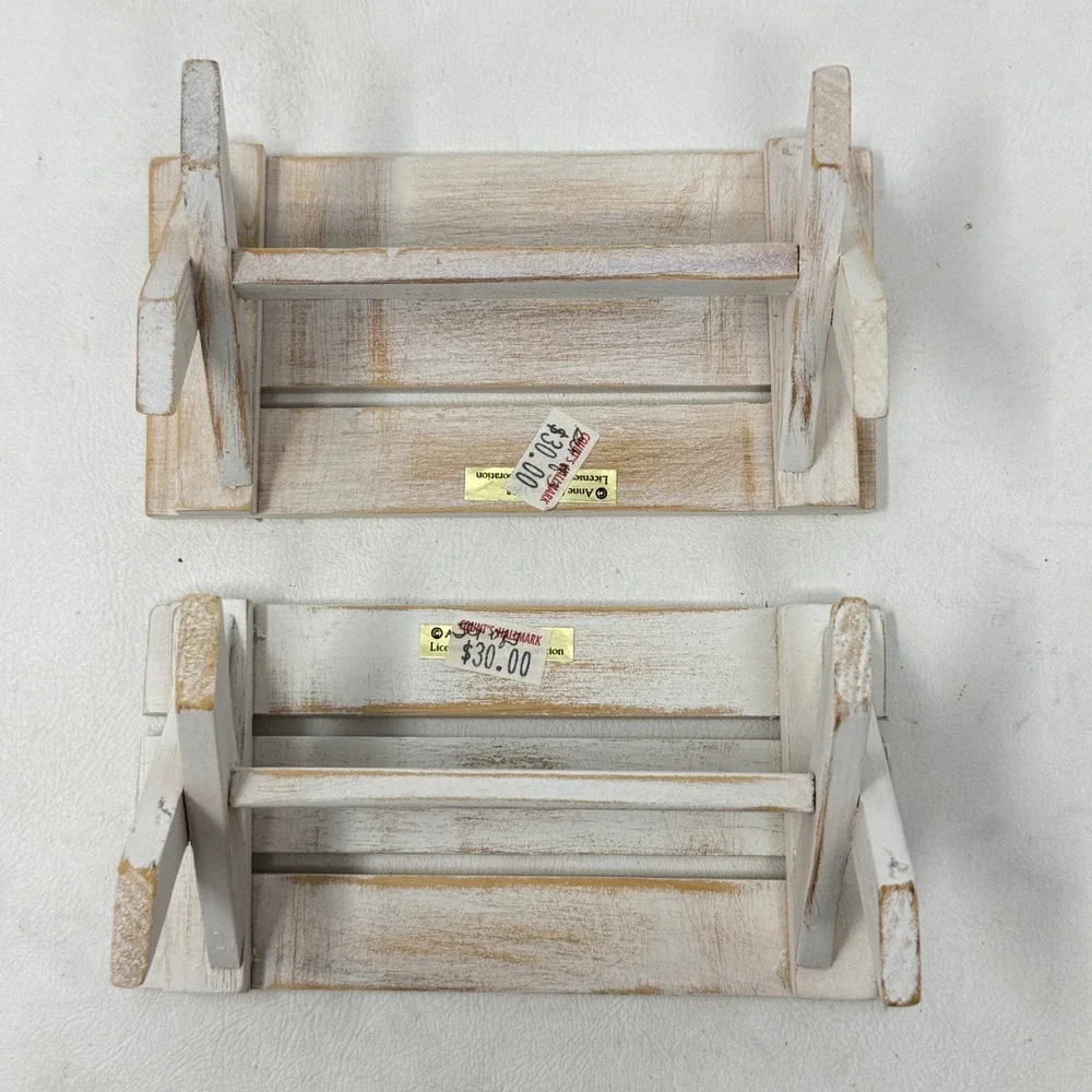 Anne Geddes Enesco Miniature Picnic Table Bench Set White Wood Gingham Prop